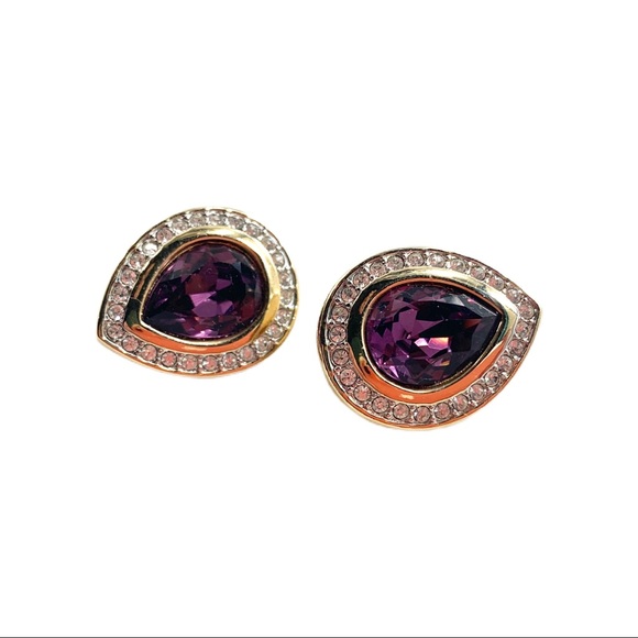 VTG Swarovski Amethyst Tear Drop Clip Earrings - Picture 6 of 10